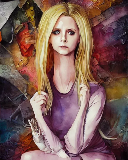 Prompt: watercolor full body portrait of buffy the vampire slayer, buffy, leather coat, sitting in bed, romantisism, outrun, pastel colors, painting, dramatic, detailed, by android jones