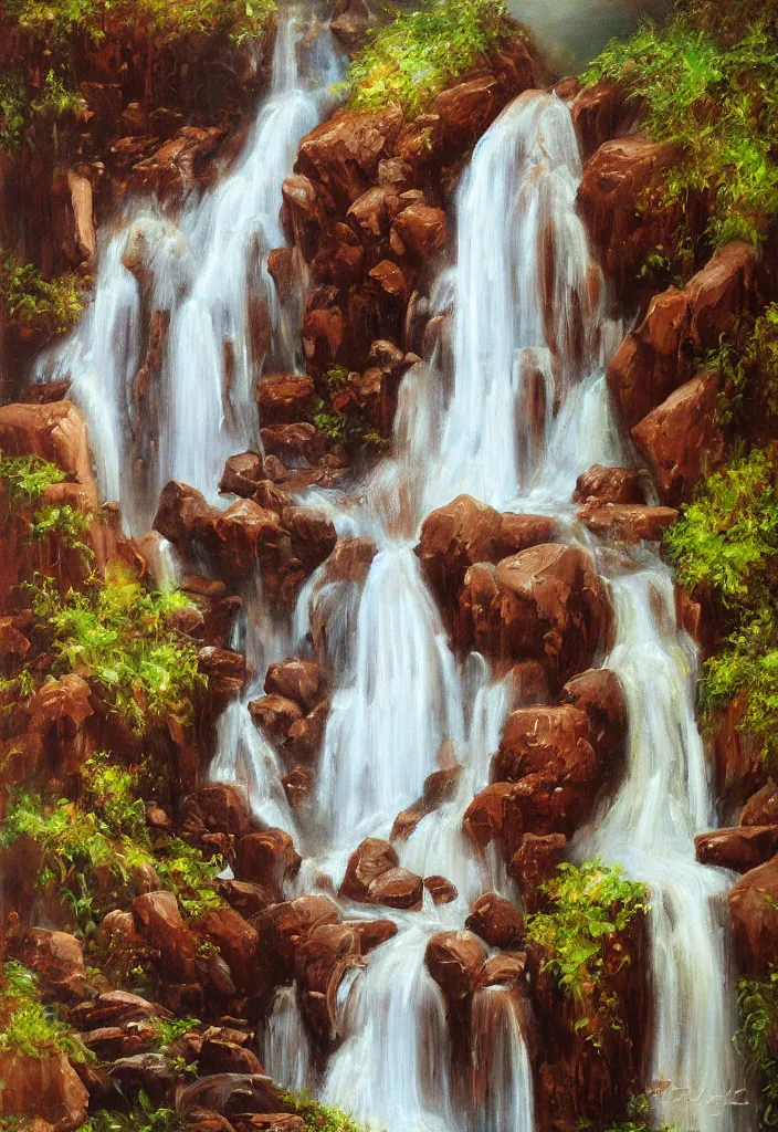 Image similar to a waterfall made out of chocolate by salvador dalli oil on canvas digital art.