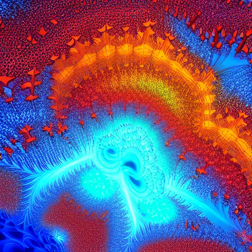 Image similar to 3 d hallucionational imaginery | mandelbrot fractal psychedelic universe | c 4 d render | 4 k | in style of pablo amaringo