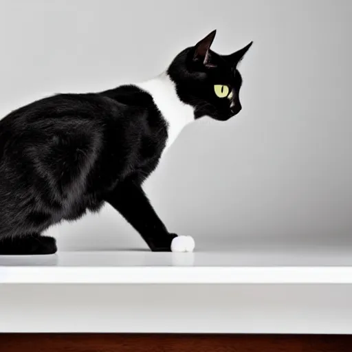 Prompt: studio photograph of a black cat sitting on a white table