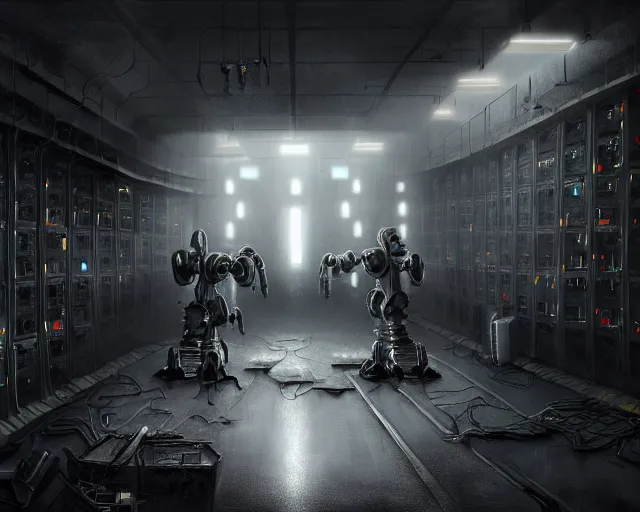 Image similar to gloomy ruined server room in datacenter painting concept art of robot knight colossus welder pacing mono eyed, sharp focus, emitting diodes, smoke, artillery, sparks,, computers, racks, motherboard, by pascal blanche rutkowski repin artstation hyperrealism detailed matte painting, 4 k resolution blade runner