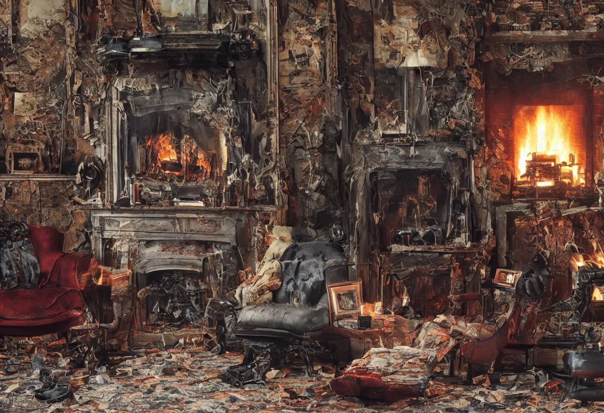 Image similar to Extreme close up photograph of a robot reclining on a tattered recliner in front of a single beautiful fireplace in a Victorian home, by Simon Stalenhag and Gregory Crewdson