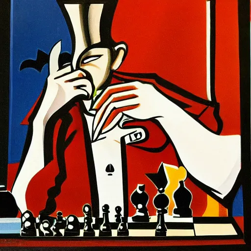 Image similar to an oil painting in the style of art deco of a dragon in a suit smoking a cigar while sitting at a chess table