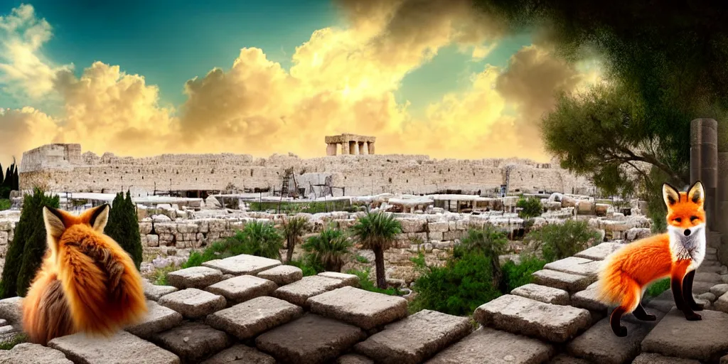 Image similar to a adorable small fox in the huge ruins of the second temple in jerusalem in the distance. the third temple hovers quietly hiding in the dreamy clouds above. a hooded bearded old man in a brown tunic laughing, colorful 8 k, art station, intricate superb details, digital art, cinematic, bokeh dof sky, by jim warren.