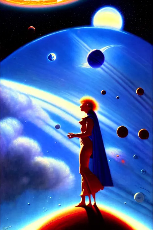 Prompt: a woman in a giant blue techno cloud planet in space, robert mccall, tim hildebrandt, bruce pennington, donato giancola, trending on artstation, cinematic composition, beautiful lighting, hyper detailed, 8 k, oil on canvas