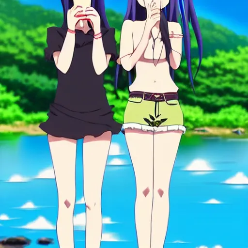 Prompt: two beautiful lesbian girls in love, smoking a hemp cigarette in front of a lake, in the style of anime, pixiv, intricate, elegant, highly detailed, lush, stylized, japanese, smooth
