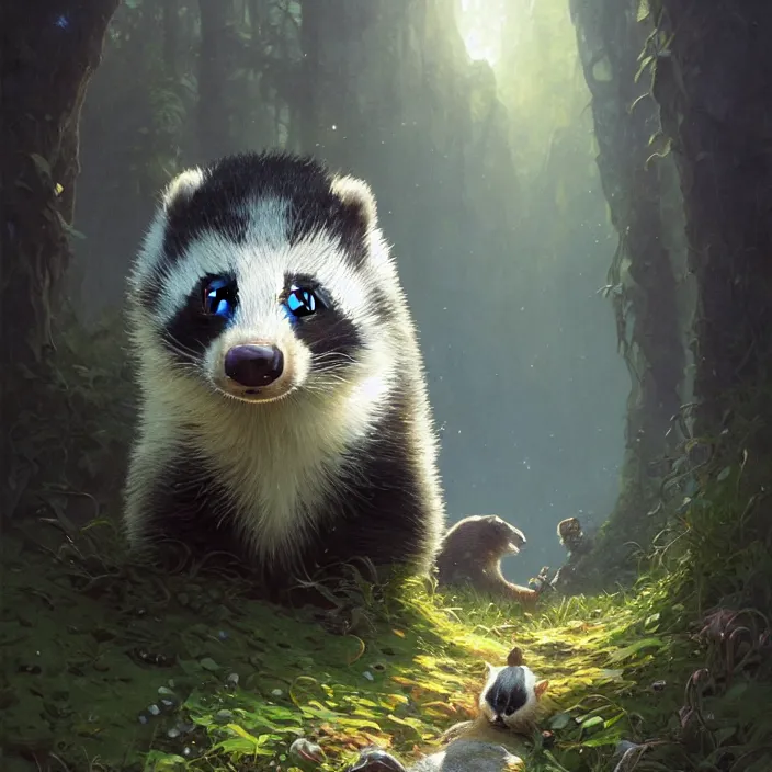 Image similar to highly detailed portrait of a cute badger, unreal engine, fantasy art by greg rutkowski, loish, rhads, ferdinand knab, makoto shinkai and lois van baarle, ilya kuvshinov, rossdraws, tom bagshaw, alphonse mucha, global illumination, radiant light, detailed and intricate environment