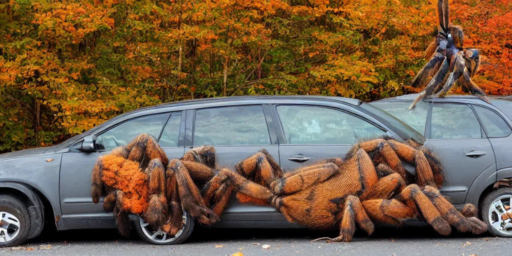 Image similar to A photo of a giant tarantula waits behind a car in autumn pennsylvania