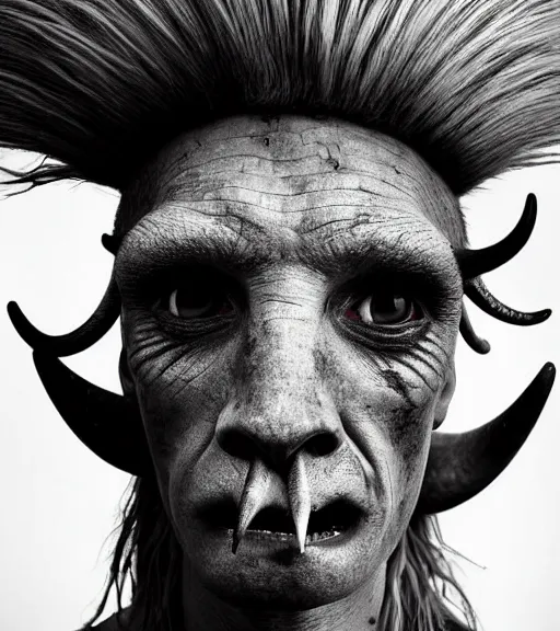 Prompt: Award winning Editorial up-angled photograph of Early-medieval Scandinavian Folk ostrich Baring its teeth with incredible fluorescent hair and fierce large hyper-detailed eyes by Lee Jeffries and David Bailey, 85mm ND 4, perfect lighting, a heart-shaped birthmark on the forehead, dramatic highlights, wearing traditional garb, With very huge sharp jagged Tusks and sharp horns, gelatin silver process