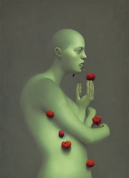 Image similar to She Eats of the Strangling Fruit and Her polyp blossoms bring iridescent fungal flowers whose spores black the foolish stars Edward Hopper and James Gilleard, Zdzislaw Beksinski, Mark Ryden, Wolfgang Lettl highly detailed