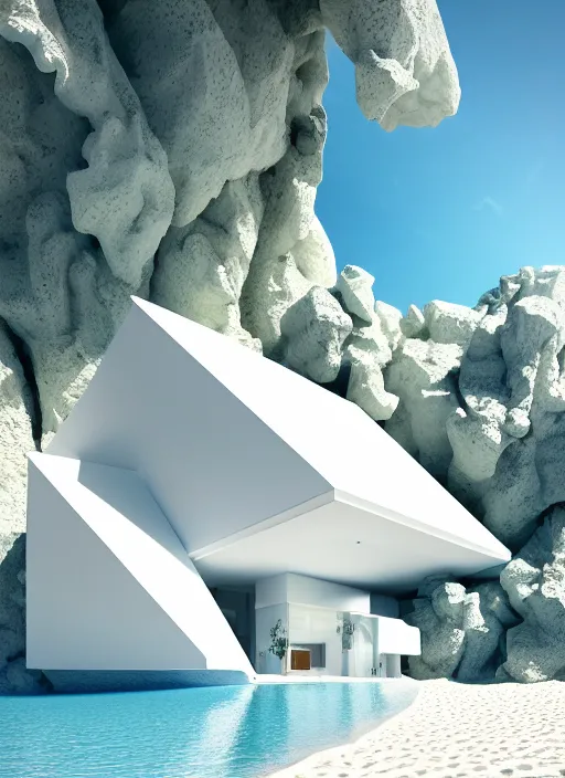 Image similar to bright white zen beach house made of geodes well contoured smooth fair walls, up close shot, sharp focus, global illumination, radiant light, alexandre ferra white mecha, irakli nadar, octane highly render, 4 k, ultra hd,