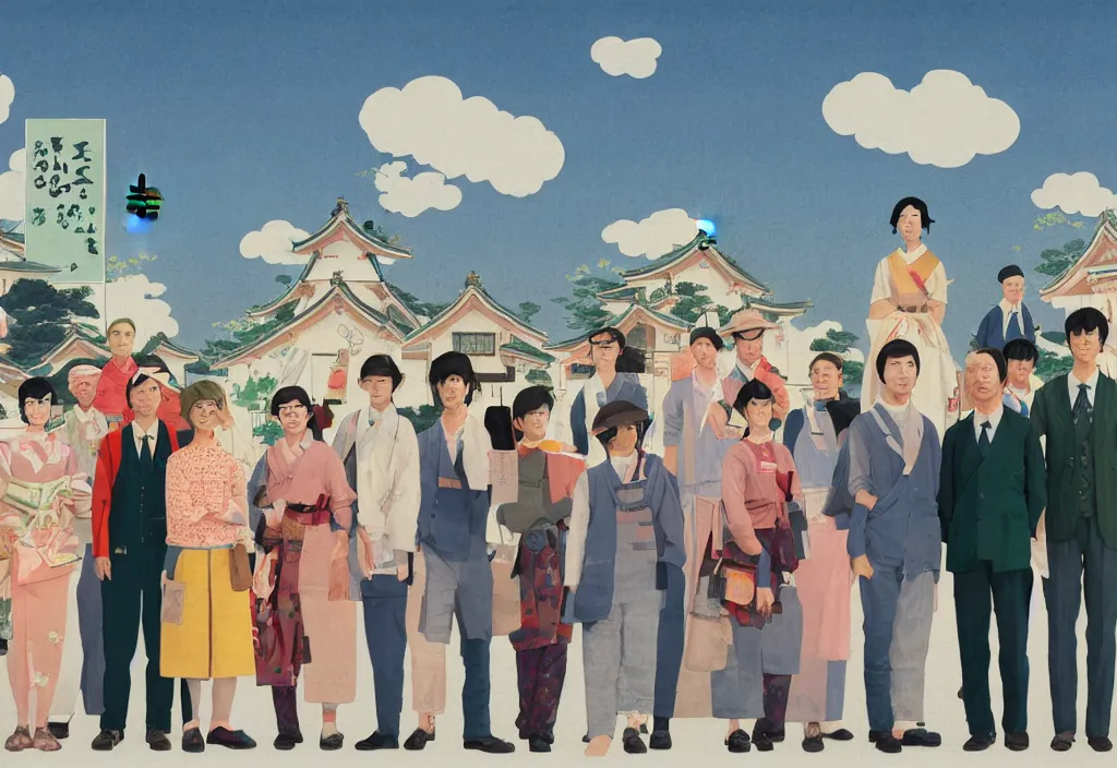 Prompt: full body portrait of a group, a row of a several european tourists standing with a variety of poses and props, several character designs, rural japan, a detailed painting, in the style of wes anderson, lola dupre, david hockney, isolated on negative white space background dark monochrome neon spraypaint accents volumetric octane render