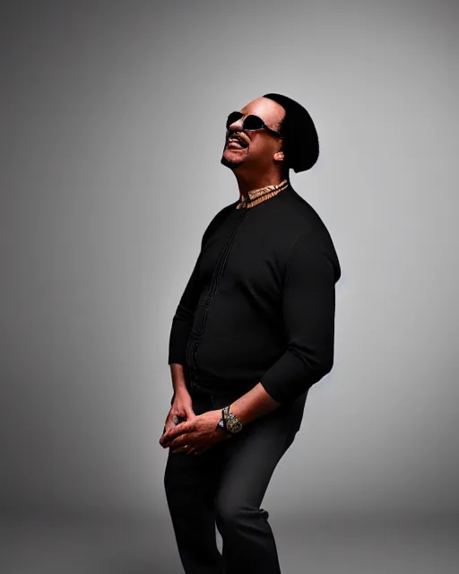 Prompt: Fully-clothed full-body portrait of Stevie Wonder, XF IQ4, 50mm, F1.4, studio lighting, black background, professional, 8K