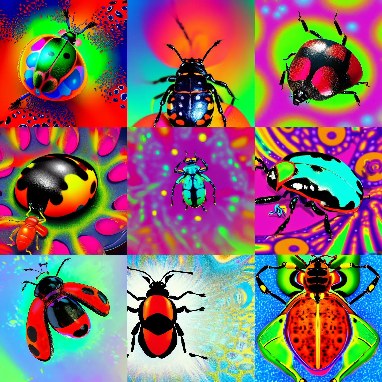 Prompt: a vibrant and colorful portraid of a lady beetle on acid, dynamic psychedelic dreams, 8 k, artstation