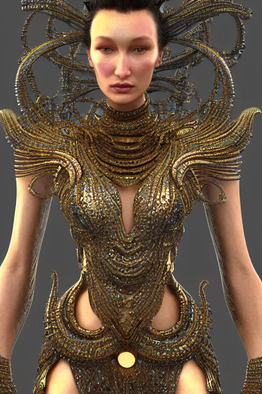 Image similar to a highly detailed metahuman 4 k close up render of an alien goddess bella hadid as kali in iris van herpen dress schiaparelli in diamonds swarovski and jewelry in style of alphonse mucha gustav klimt trending on artstation made in unreal engine 4