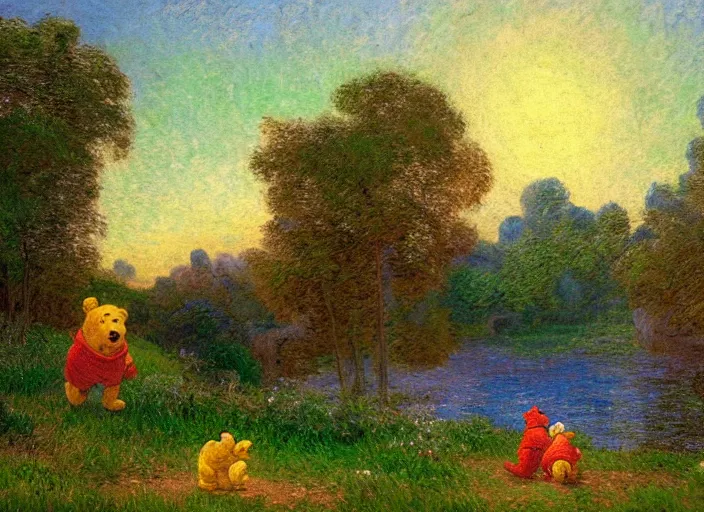 Image similar to romanticism impressionism landscape painting of winnie the pooh characters at night, night time, colorful paper lanterns, string lights, in the style of hudson river school and thomas cole and albert bierstadt and vincent van gogh and claude monet