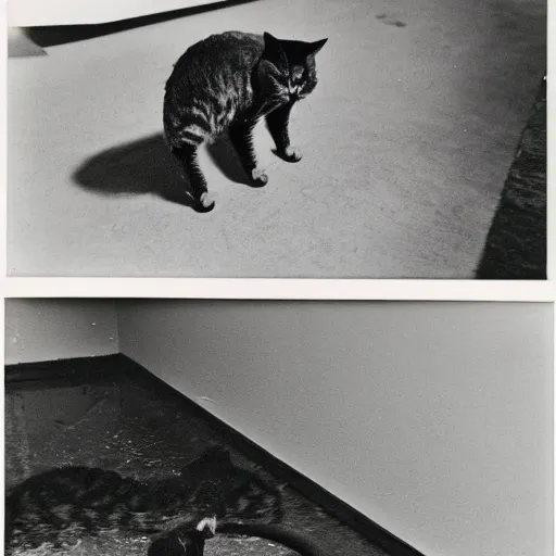 Image similar to wide-shot eyesight first-person!!! reflection!!! of a cat drinking water from the puddle at the street, polaroid photo, by Andy Warhol, signed