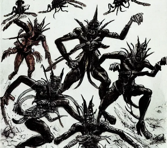 Image similar to four adventurers are chased by a group of mantis men, pen and ink, by frank Frazetta