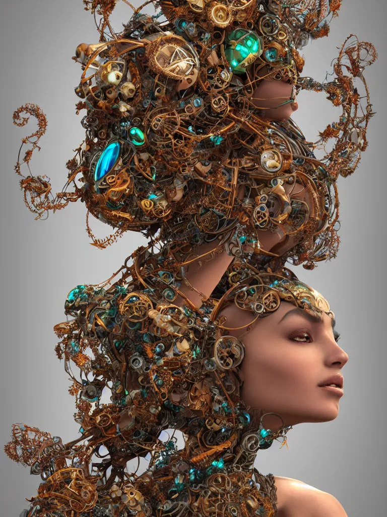 Image similar to a centered beautiful goddesses is surounded by intertwining bio - mech tendrils made of machine and robot parts and gemstones and leaves and feathers, full body, gorgeous face, perfect face, powerful, by justin gerard and james jean, 3 d, cinema 4 d render, trending on artstation, octane render, 8 k