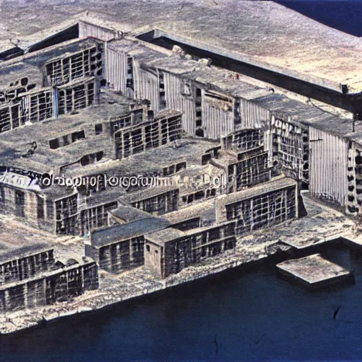 Image similar to brutalist city, prison city, totalitarian prison island, hashima island, rundown buildings, military buildings, prison complex, colorized 1 6 mm photo