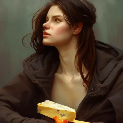 Image similar to a portrait of cat devouring cheese, highly detailed, digital painting, artstation, concept art, sharp focus, illustration, art by artgerm and greg rutkowski and alphonse mucha