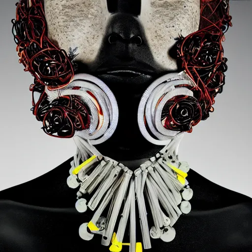 Prompt: a futuristic portrait covered by mask made of wires plastic flowers, necklace made by gauzes twisted around neck, design by leonardo davinci, inspired by egon schiele, modern art, baroque art jewelry, new classic, fashion design, photorealistic, hyper realistic, gothic details, cinematic composition, cinematic lighting, fashion design, concept art, 8 k