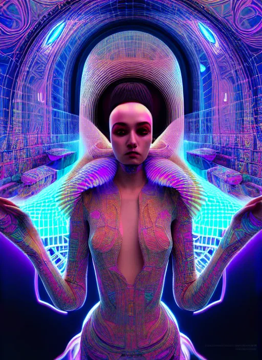 Prompt: three dimensional absurdly beautiful, fashionable futuristic young woman, psychedellic, ayahausca, tryptamine, hyperdetailed illustration by irakli nadar and alexandre ferra, intricate linework, unreal engine 5 highly rendered, global illumination, radiant light, detailed and intricate environment