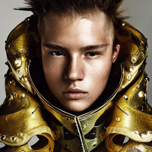 Prompt: a portrait of a beautiful young male wearing an alexander mcqueen armor made of liquid petrol , photographed by andrew thomas huang, artistic