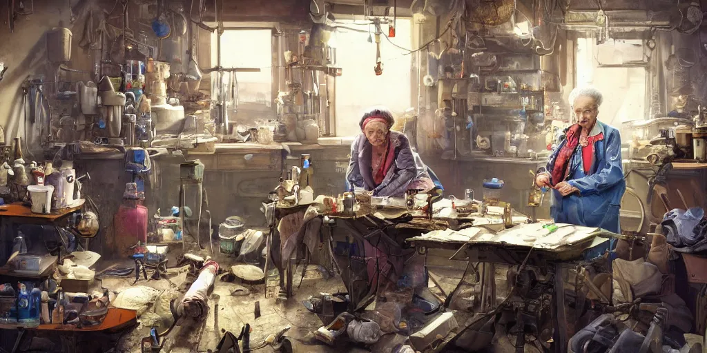 Image similar to an environmental concept art of an elderly russian woman cyberneticist in a cluttered mechanics workshop, surgical implements, surgery table, highly detailed, cinematic, dramatic, cyberpunk