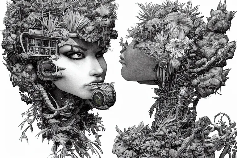 Prompt: gigantic robot - girl head floating in the space, a lot of exotic plants, trees, flowers, oldschool vintage sci - fi flat surreal grainy design, super - detailed, drawing by kim jung gi, hd, 4 k, high quality