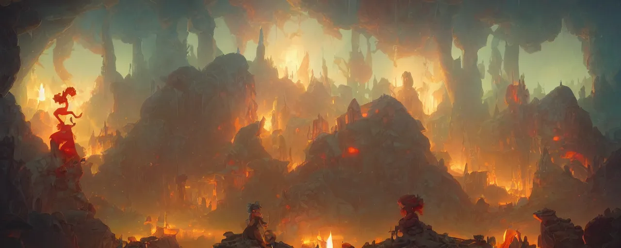 Image similar to candyland, epic, hiroshi yoshida, blake rottinge, marc simonetti, gouache, fire lit, magical atmosphere, trending in artstation by peter mohrbacher,