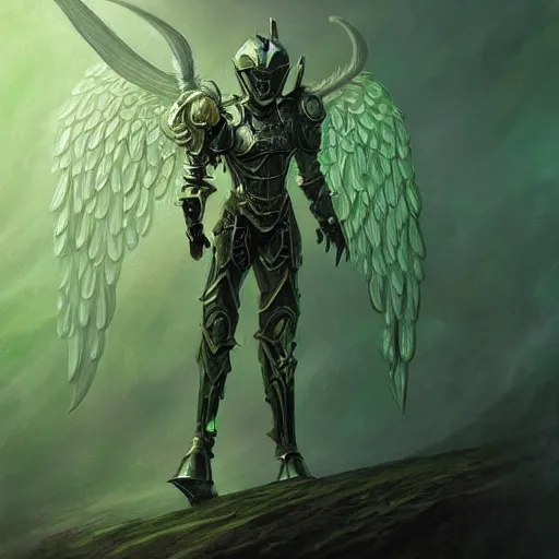 Prompt: illustration, armored angel knight in Phthalo metallic green armor with knight helmet, inhumanly long and thin limbs, fallen angel, Barthin, by Peter Mohrbacher, hyper detailed, otherworldly, octane rendered, fantasy, heavenly