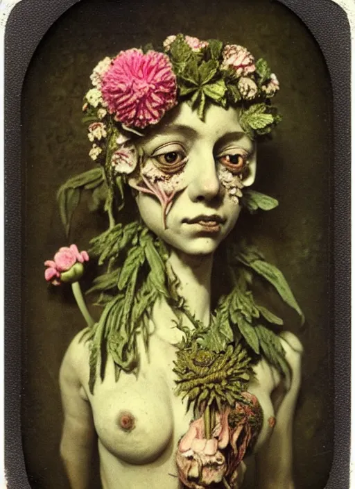 Image similar to beautiful and detailed rotten woman made of plants and many types of stylized flowers like carnation, chrysanthemum, roses and tulips, rococo ornamentation, intricate, surreal, john constable, guy denning, gustave courbet, caravaggio, romero ressendi 1 9 1 0 polaroid photo