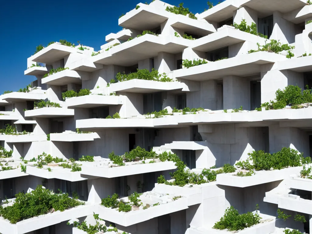 Image similar to habitat 6 7, white lego terraced architecture hotel in the dessert, many plants and infinite pool