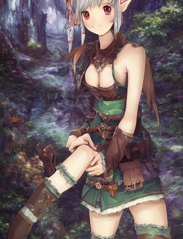 Prompt: scenic wide angle portrait of an elf mining for coal, a cute outfit, somewhat of an anime in fantasy style, trending artwork, made with anime painter studio, by anato finstark, tony sart and an anime artist, collaboration