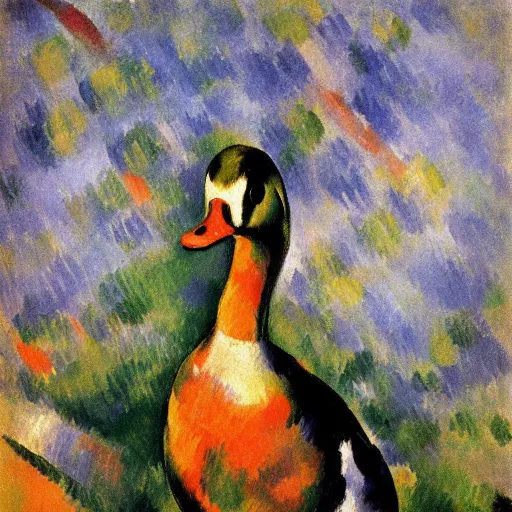 Prompt: a duck on the prowl oil painting paul cezanne