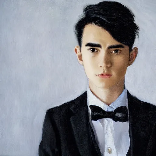 Image similar to 1 6 year old black suit white shirt, black bowtie, black haired royal garment man, determined, fearless, sharp looking portrait, oil painting