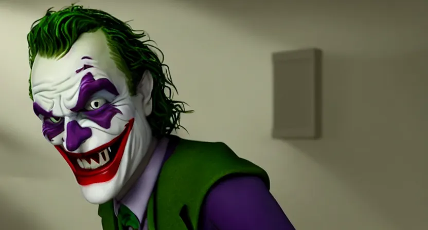 Image similar to pixar heath ledger joker villain 3 d movie screenshot