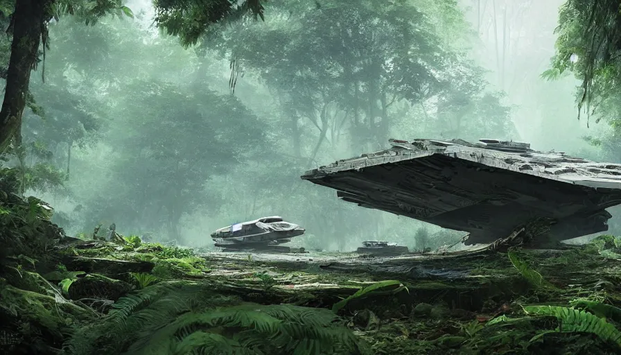 Prompt: a beautiful painting of a crashed star destroyer ione drive in a lush jungle, ray traced lighting by kalin popov and greg rutkowski