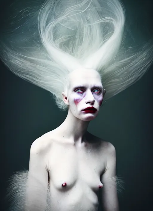 Image similar to cinestill 5 0 d photo portrait of a beautiful hybrid with woman face, body skin aggressive weird marble, white hair floating in air, in style of tim walker by roberto ferri, 1 5 0 mm lens, f 1. 2, ethereal, emotionally evoking, head in focus, bokeh volumetric lighting, tonal colors outdoor