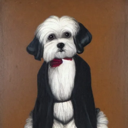 Image similar to A black coton de tulear dog dressed up as a dapper english gentleman, renaissance oil painting, highly detailed