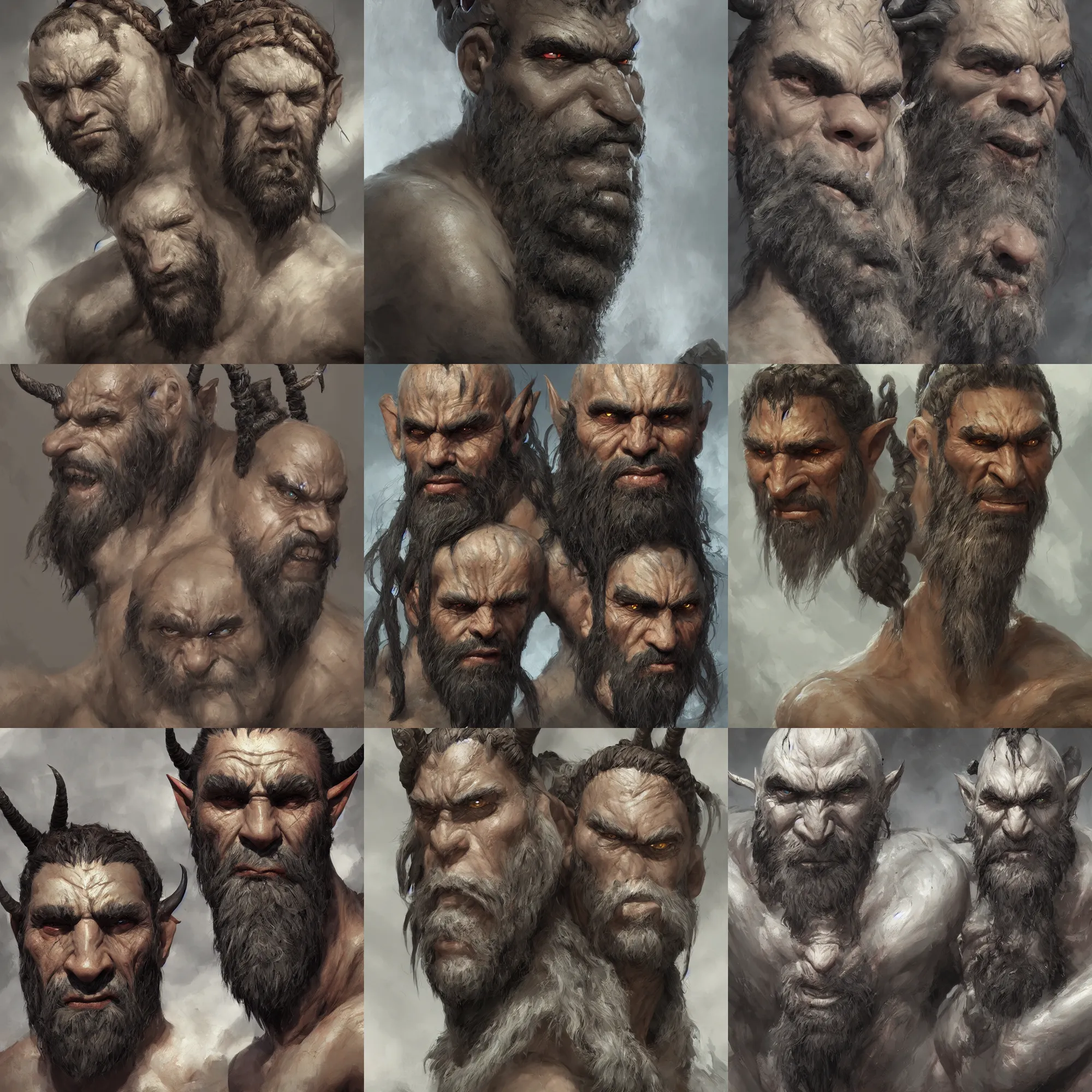 Prompt: painting of goliath, orc, braided hair and beard. Grey skin. Elf ears, horns Portrait. Craig mullins. ArtStation, CGSociety, Unreal Engine