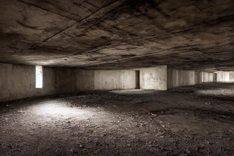 Prompt: photo of long room in underground abandoned bunker, backlight, shot on nikon d 7 5 0