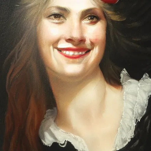 Image similar to oil painting, smiling, happy, beautiful, intelligent, powerful, female pirate captain 2 9 years old, loving eyes, flowing long hair, fully clothed, wise, beautiful, masterful 1 7 2 0 s oil painting, dramatic lighting, sharp focus