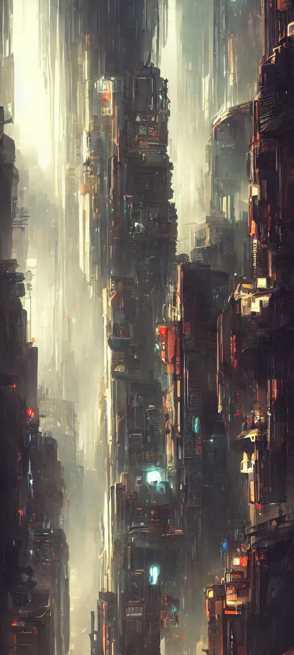 Image similar to A painting of a Vertical Cyberpunk City trending on artstation in the style of Greg Rutkowski