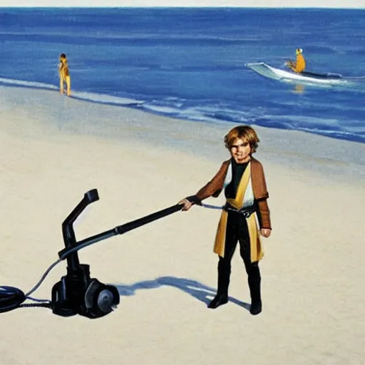 Prompt: Anakin Skywalker!!!, vacuuming on a beach