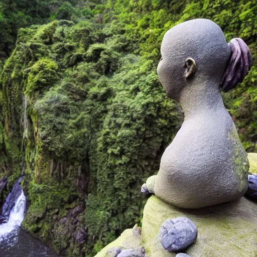 Image similar to Maya stone statue of an alien in front of a beautiful valley with a waterfall in the jungle, award winning photography, 8k
