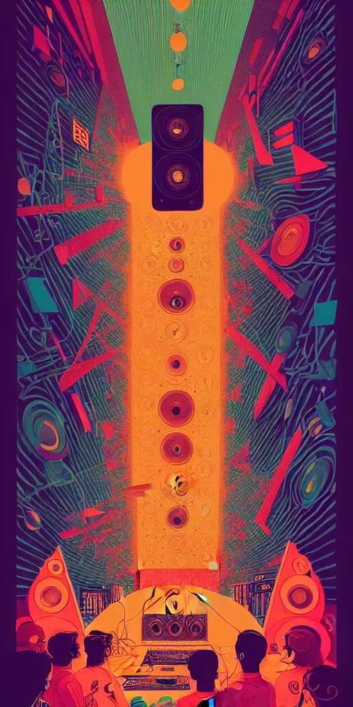 Image similar to giant concert festival speakers, wall of sound, music studio, poster art by victo ngai, ori toor, kilian eng behance contest winner, crystal cubism, poster art, cubism, tarot card, psychedelic art, concert poster, poster art, maximalist