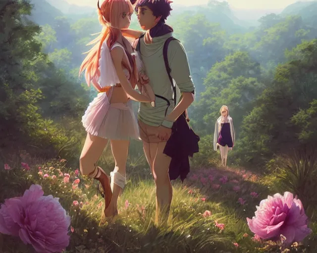 Image similar to a cinematic boy girl traditional romance moment of a group of university friends dressed as different animals hiking wearing boho clothing and peonies, full body illustration,bestselling movie art poster, official media, 1970s fashion, official anime media, incredible art by artgerm and greg rutkowski and doja cat