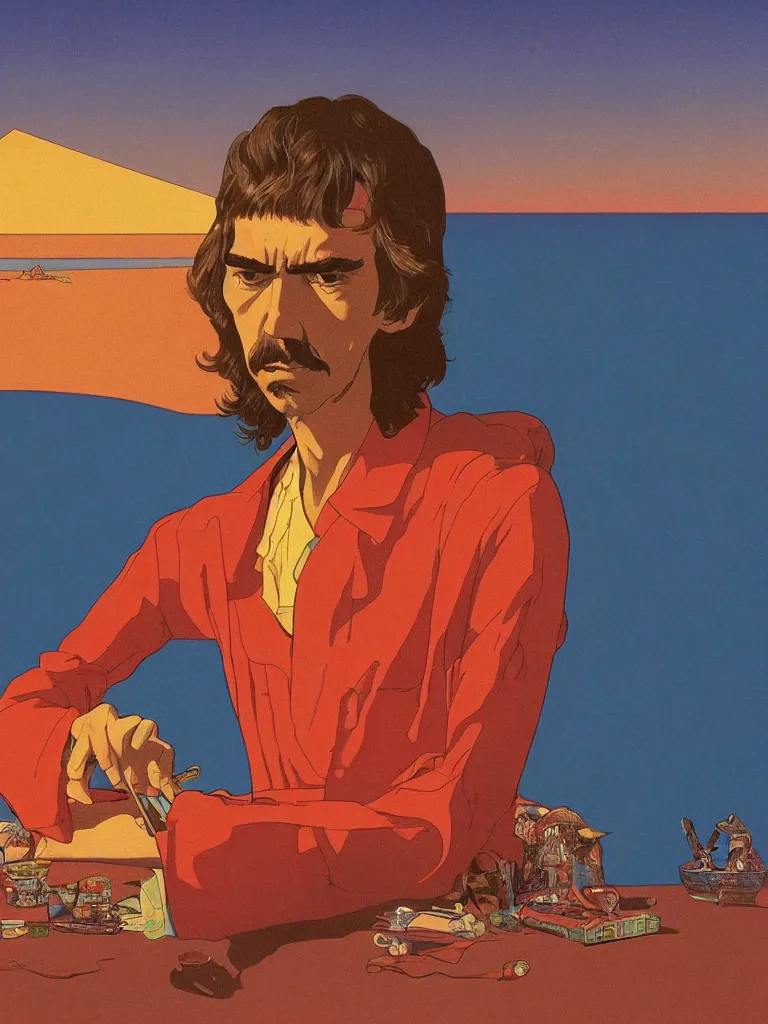 Image similar to a closeup portrait of george harrison taking mind altering drugs, a blotter paper of lsd acid and dreaming psychedelic hallucinations in the vast landscape of egypt, by kawase hasui, moebius, edward hopper, colorful flat surreal design, dramatic lighting, hd, 8 k, artstation